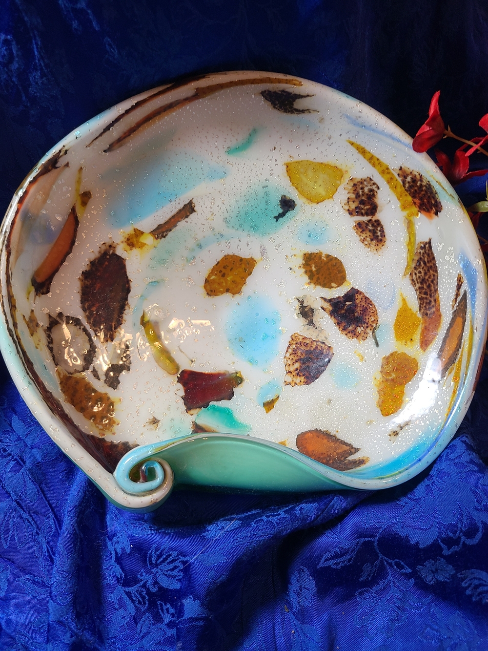 Antique Turquoise White Ceramic Decorative Bowl with Gold and Brown Accents - Picture 7 of 9